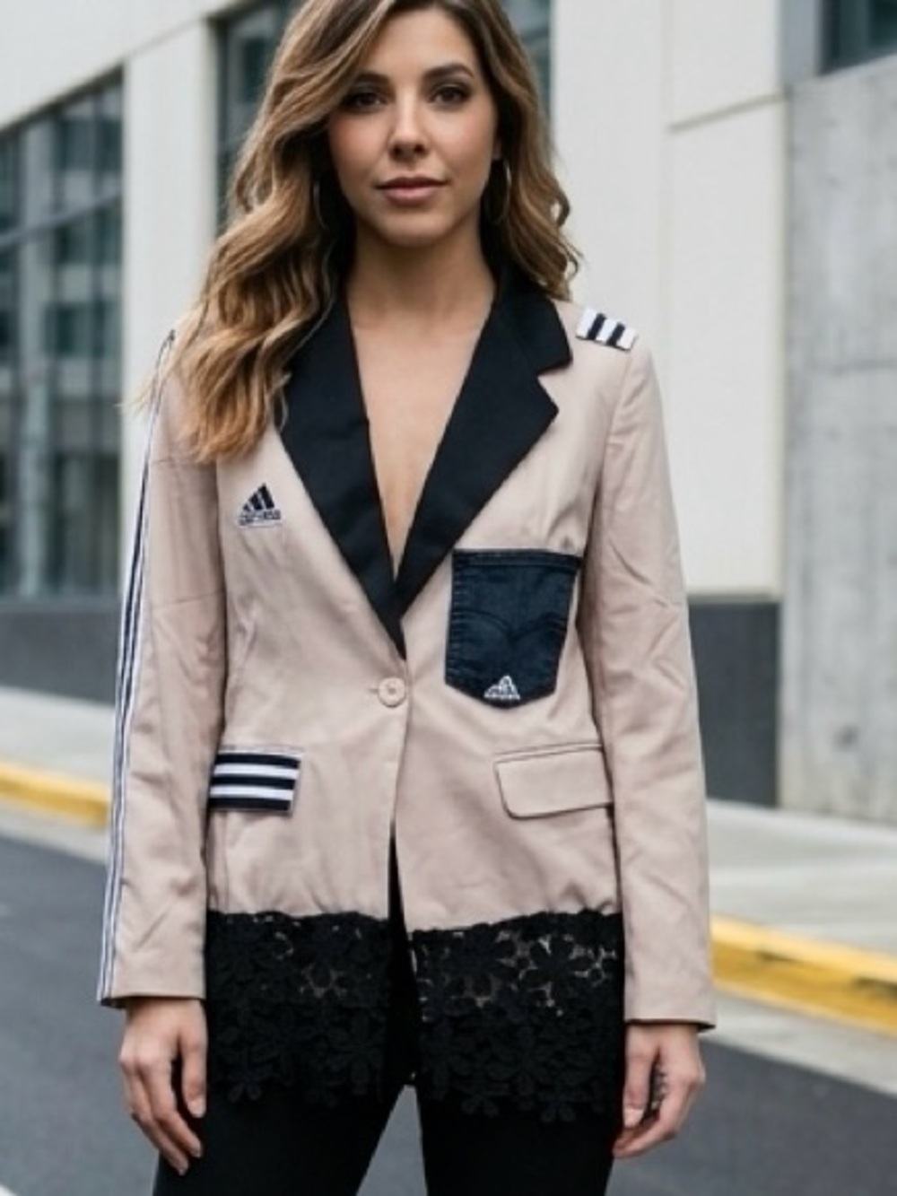 Upcycled adidas  inspired Beige and Black Contrast Blazer Jacket size L